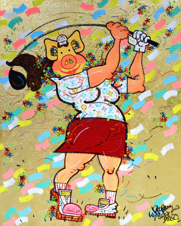 나이스 샷- Happy Pig Nice Shot , Acrylic on Canvas & Gold leaf, 163x131cm (100F), 2021.jpg