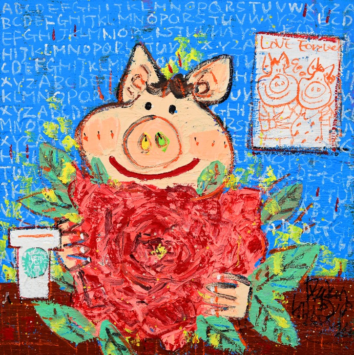 꽃을 든 남자, Happy Pig with Flowers , Acrylic on Canvas, 73x73cm (30S), 2021.jpg