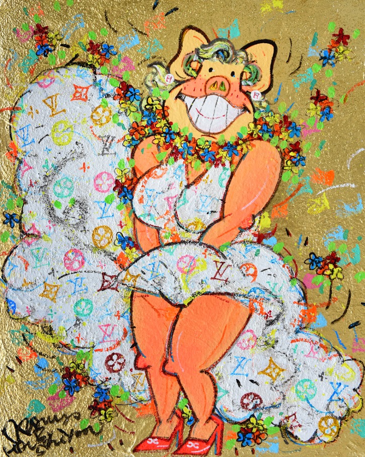마릴린 豚(돈)로  Happy Pig - Like Marilyn Monroe, Acrylic on Canvas & Gold leaf, 90.9x72.7cm (30F), 2021.jpg