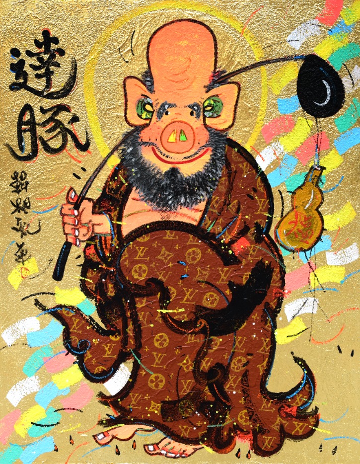 달돈도 2021(達豚圖-達磨圖+豚), Happy Pig - Like Dalma, Acrylic on Canvas & Gold leaf, 116.9x91cm (50F), 2021.jpg